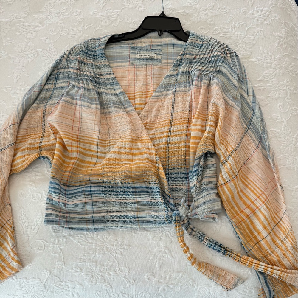 Free People blue/yellow Plaid Wrap Top